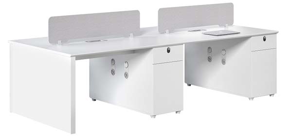 4-Person White Office Benching Workstation with Divider Screens and Integrated Locking Pedestals