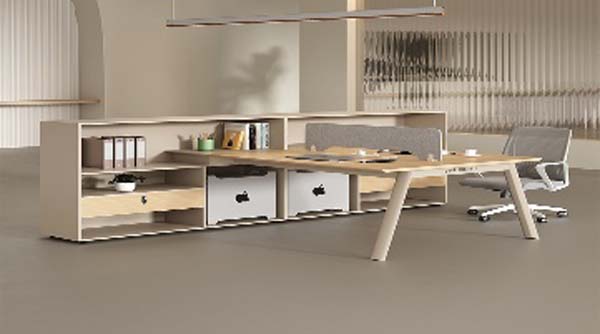 Two-Tone 4-Person Modular Staff Workstation Desk with Attached Storage Credenza