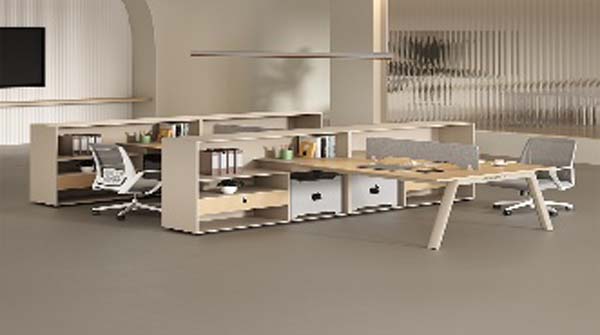 Light Oak 6-Person Modular Open Office Bench Workstation with Integrated Shelf Dividers and Under-Desk Pedestals