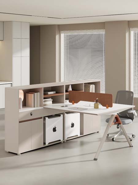 Two-Person L-Shaped Office Workstation with Attached Side Storage Credenza and Privacy Divider