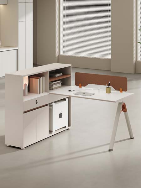 Modern L-Shaped Office Workstation with Integrated Side Storage Cabinet and Desktop Divider