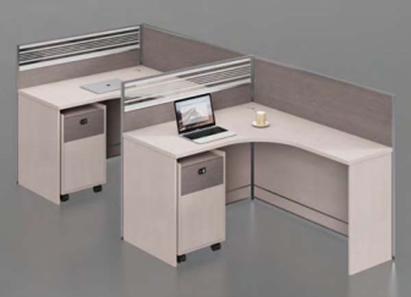 Two-Person Curved L-Shaped Office Cubicle Workstation with Mobile Pedestals