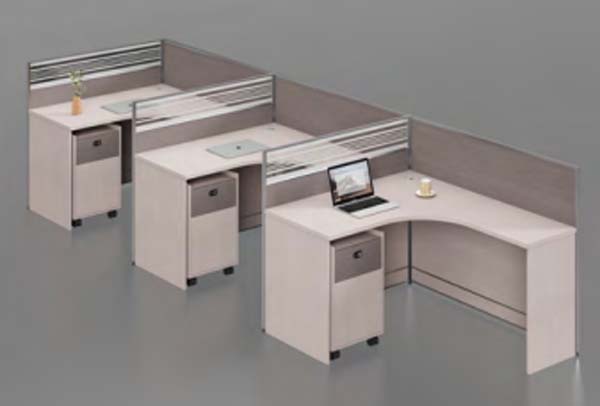 3-Station Curved L-Shaped Modular Office Cubicle Workstation with Mobile Pedestals
