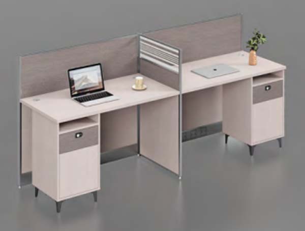 Two-Person L-Shaped Office Workstation with Privacy Dividers and Lockable Storage
