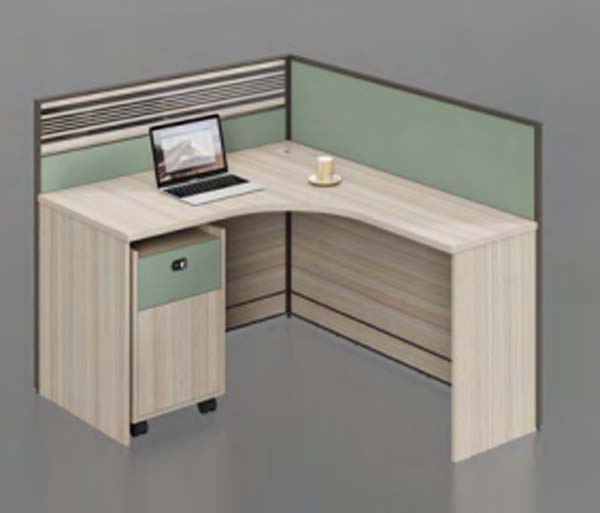 Single-Person L-Shaped Curved Corner Cubicle Workstation Desk with Lockable Mobile Pedestal