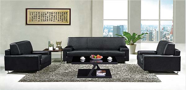 3-Piece Black Faux Leather Office Reception Sofa Set with Coffee Tables