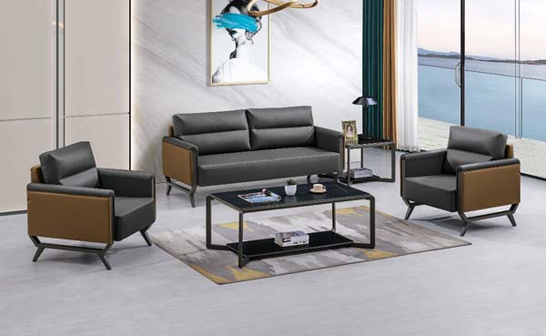 3+1+1 Seater Two-tone Faux Leather Office Reception Sofa Set with Matching Metal Frame Coffee Table