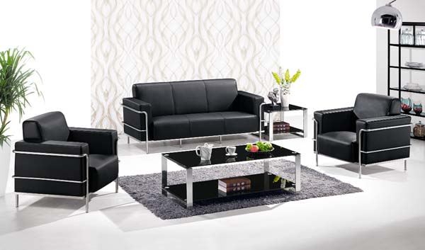3-Piece Black Faux Leather Office Reception Seating Set with Coffee Table