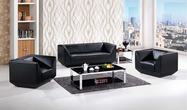 3-Piece Contemporary Black Faux Leather Office Reception Sofa Set
