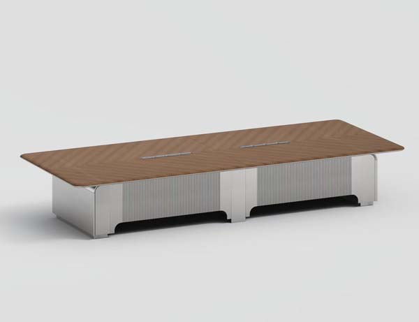 Walnut Grain Low Coffee Table with Fluted Metal Plinth Base and Tabletop Cable Slots