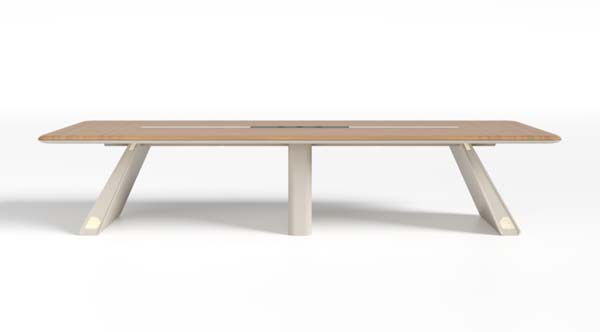 Rectangular Wood-Top Conference Table with Central Cable Management and Light Metal Trestle Base