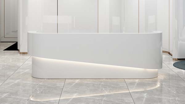 Modern High-Gloss White Curved Racetrack Reception Desk with Integrated Base LED Lighting