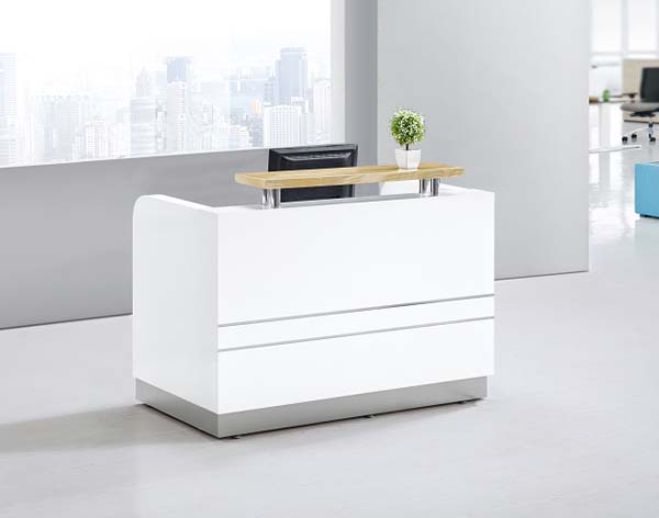 Compact Curved Single-Station Reception Desk with Raised Wood-Tone Transaction Shelf
