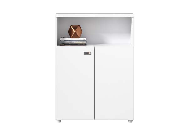 White Lockable Low Office Storage Credenza with Open Upper Shelf