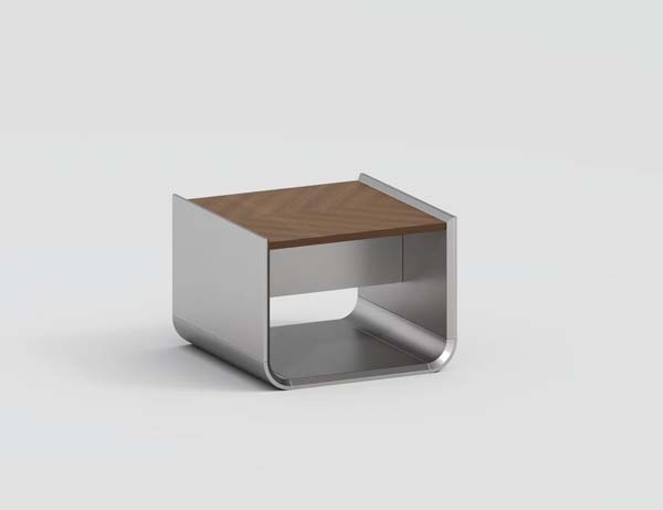 Modern Square Side Table with Curved Polished Metal Frame, Hidden Drawer and Open Lower Shelf