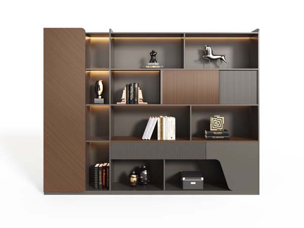 Asymmetrical LED-Lit Office Display Bookcase with Fluted Closed Storage