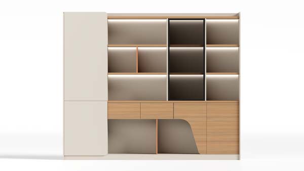 Full-Height Mixed Open/Closed Office Storage Bookcase with Integrated Work Nook