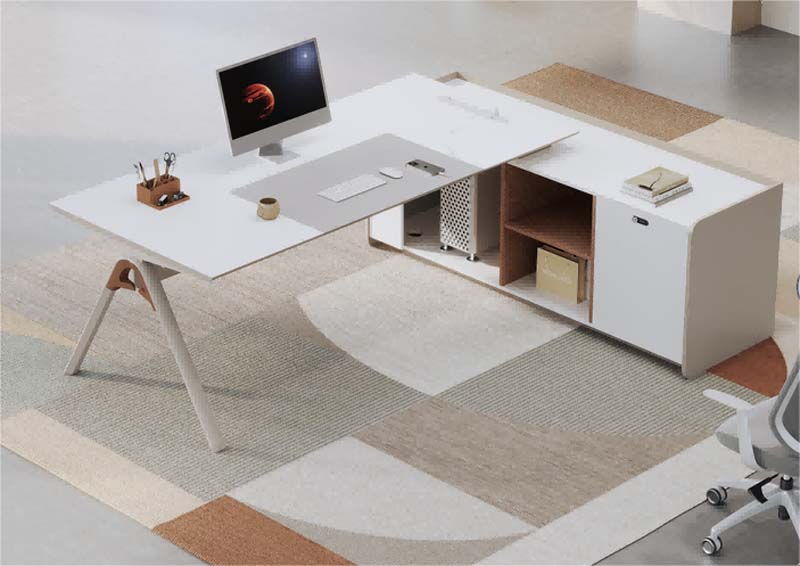 L-Shaped Executive Office Desk with Integrated Side Credenza Storage