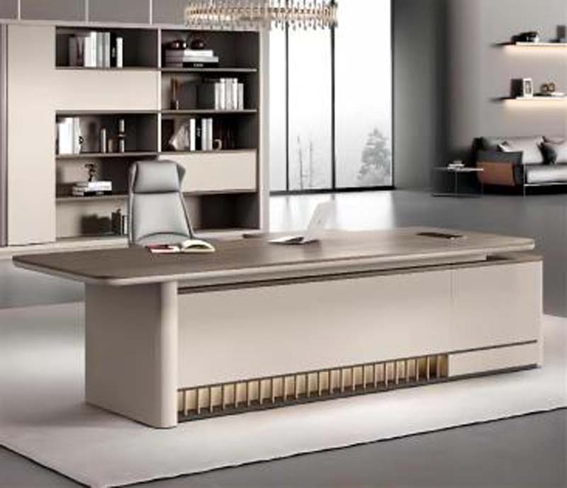 Two-Tone Luxury Executive Office Desk with Integrated Storage Pedestal and Gold Slat Accent