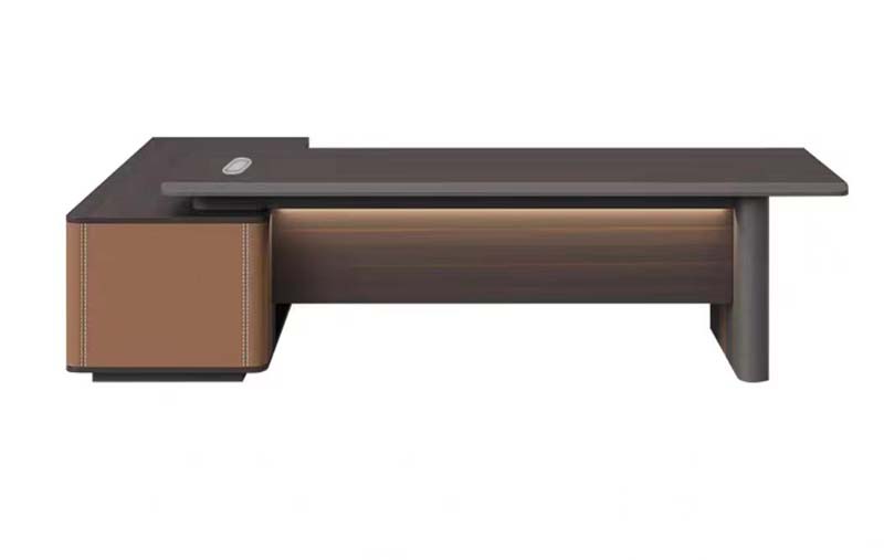 Two-Tone L-Shaped Executive Desk with Upholstered Storage Pedestal