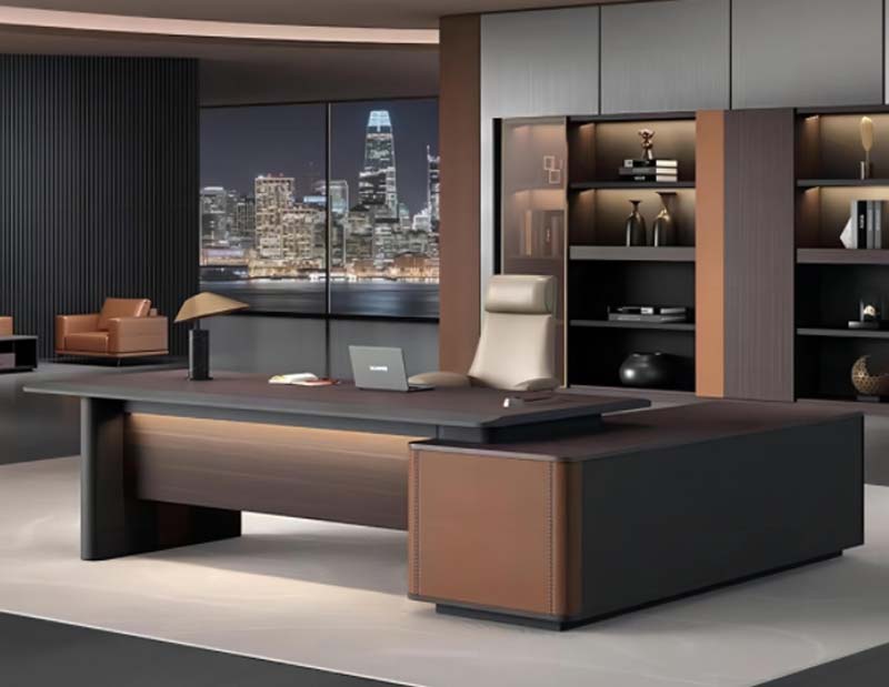 L-Shaped Luxury Leather-Wrapped Executive CEO Desk with Raised Monitor Platform