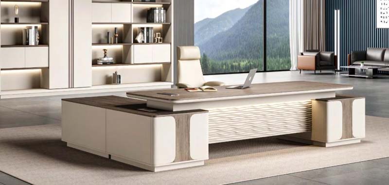 Two-Tone L-Shaped Executive Office Desk with Left Storage Return and Wavy Modesty Panel