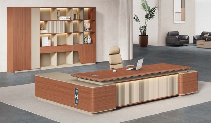 Two-Tone Walnut-Beige L-Shaped Executive Desk with Integrated Power and Ambient Lighting