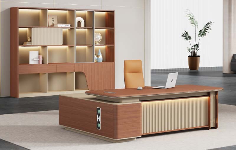 Two-Tone L-Shaped Executive Office Desk with Fluted Front and Ambient LED Lighting