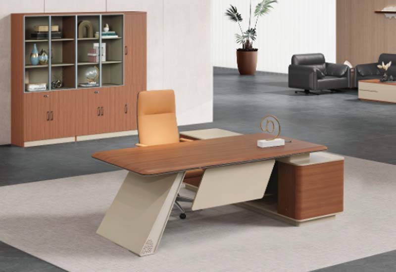 Two-Tone Walnut Beige L-Shaped Executive Office Desk with Fixed Right Return Pedestal