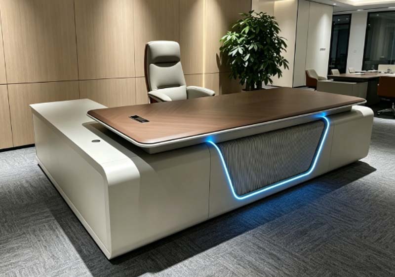 Two-Tone L-Shaped Executive Desk with Blue LED Accent Lighting