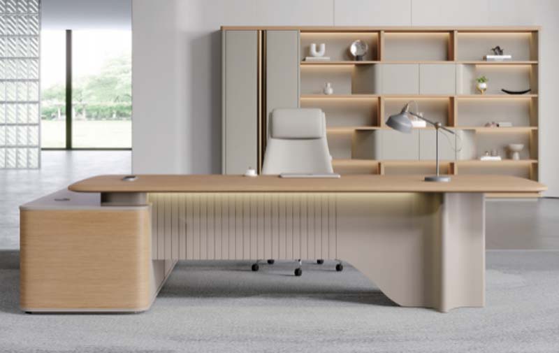 Modern Light Oak L-Shaped Executive Office Desk with Integrated Storage and Ambient Lighting