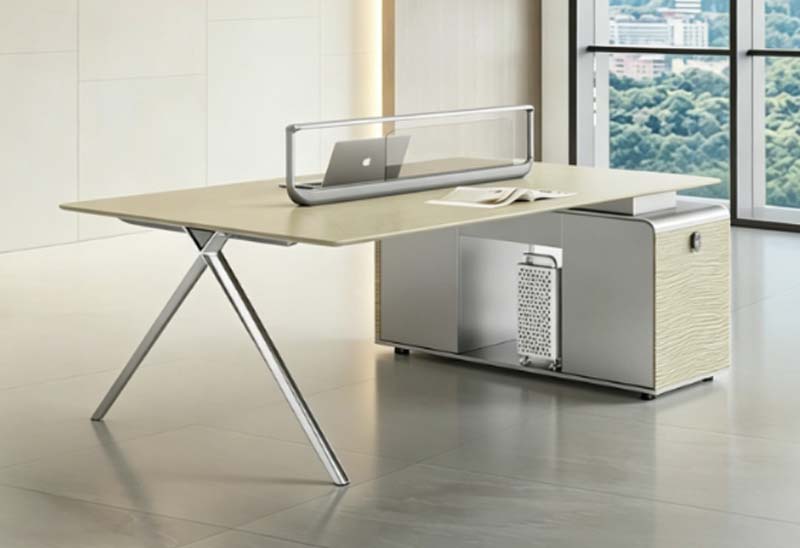 Modern L-Shaped Executive Desk with Chrome X Legs and Privacy Screen