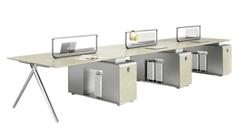 3-Person Linear Bench-Style Open Office Workstation with Privacy Dividers and Integrated Storage