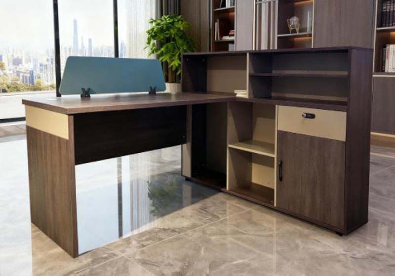 L-shaped Staff Office Workstation with Attached Storage Hutch and Blue Privacy Divider