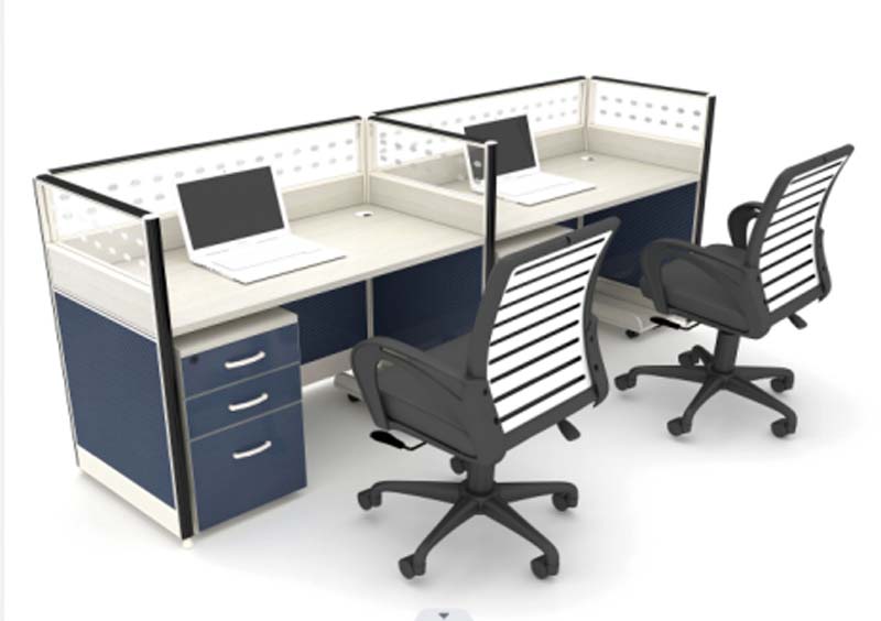 2-Person Opposite-Facing L-Shaped Modular Office Workstation with Low Dividers and 3-Drawer Pedestals