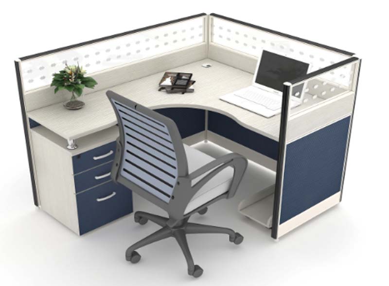 Single-User L-Shaped Curved Corner Office Cubicle Workstation with Integrated 3-Drawer Pedestal and Right Open Shelf