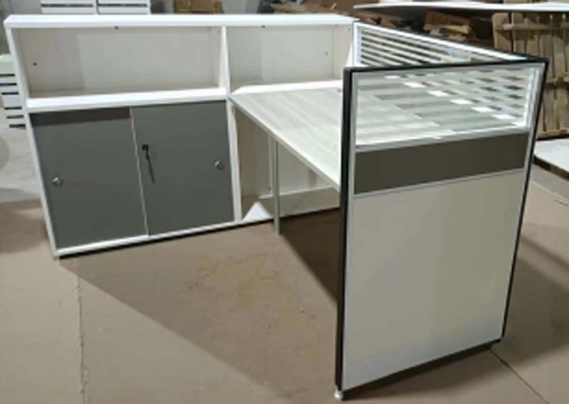 L-Shaped Office Cubicle Workstation Desk with Privacy Partition and Integrated Storage