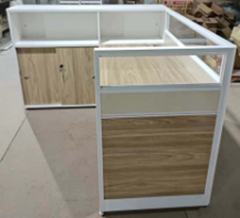 2-Person L-Shaped Cubicle Office Workstation with Frosted Privacy Partitions and Integrated Storage