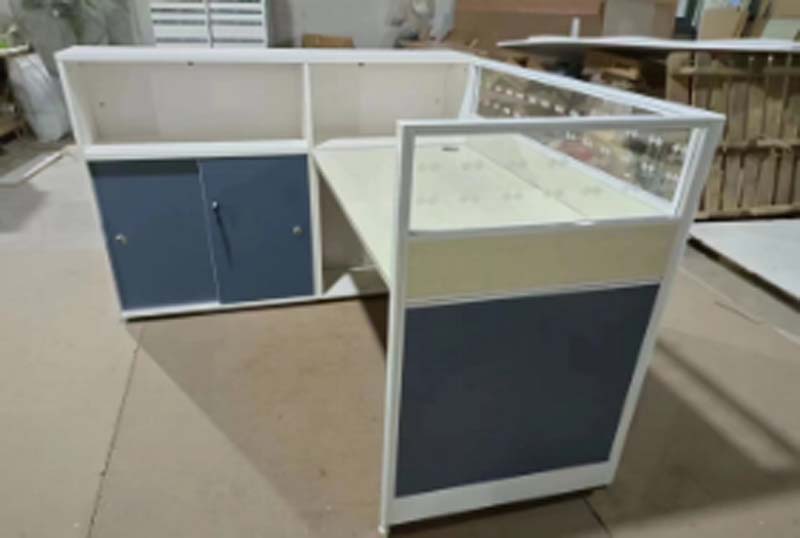 Single-Person L-Shaped Office Cubicle Workstation with Attached 2-Door Storage Cabinet