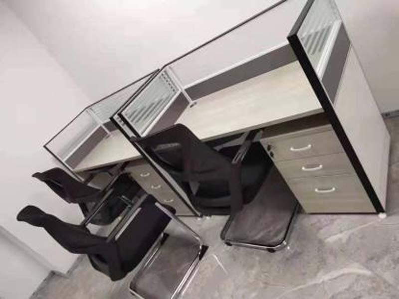 2-Person Linear Modular Office Workstation with Frosted Glass Partitions and 3-Drawer Locking Pedestals