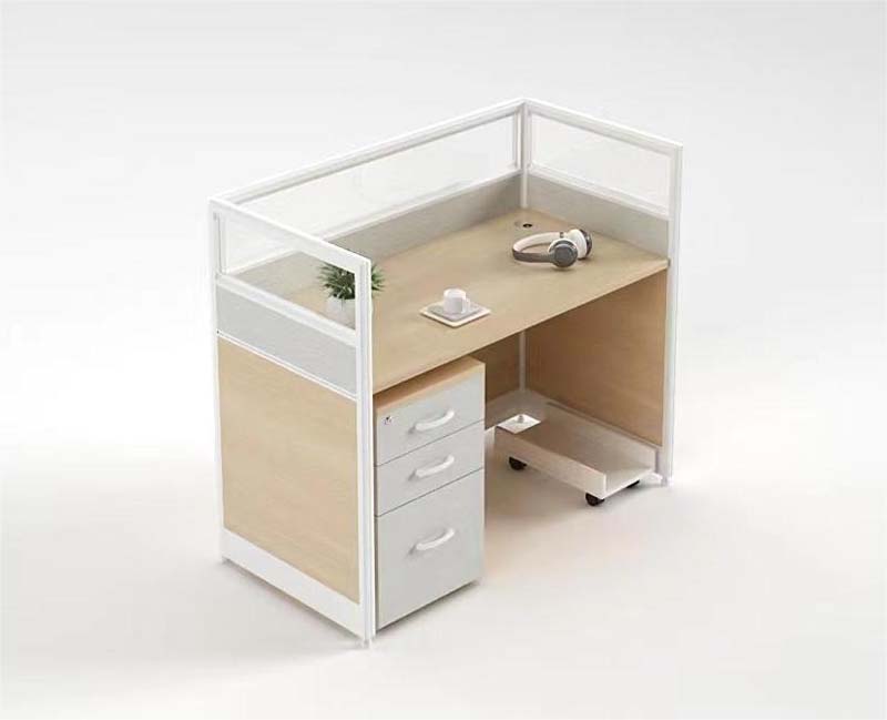 1-Person L-Shaped Office Cubicle Workstation with Frosted Dividers, 3-Drawer Pedestal and CPU Stand