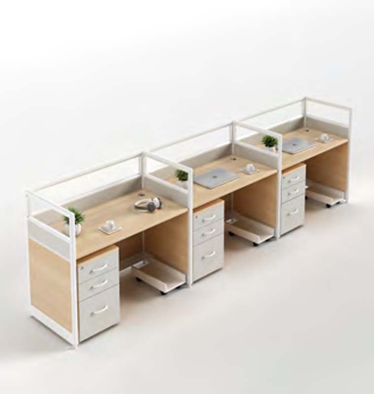 3-Person Linear Modular Office Partition Workstation with Integrated Pedestals and CPU Shelves