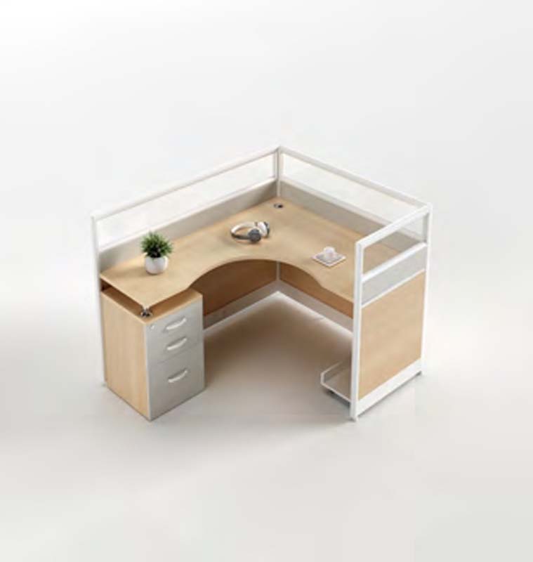 Single-Person L-Shaped Office Cubicle Workstation with 3-Drawer Pedestal and Partial Privacy Screens