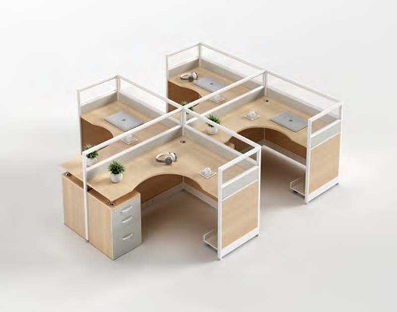 4-Person Cross-Shaped L-Seat Office Workstation Cubicle with Partitions and Drawer Pedestals