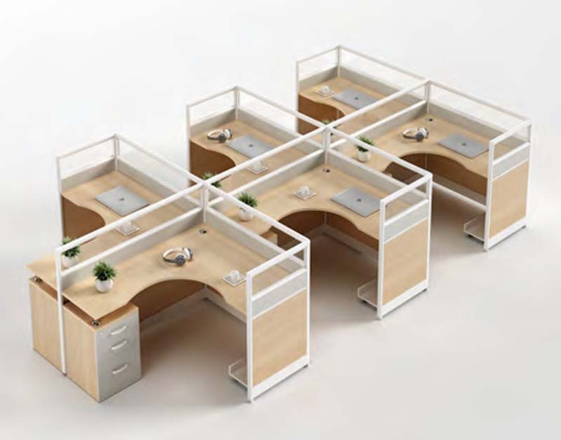 6-Person Cross-Shaped L-Profile Office Cubicle Workstation Cluster with Partitions and Storage