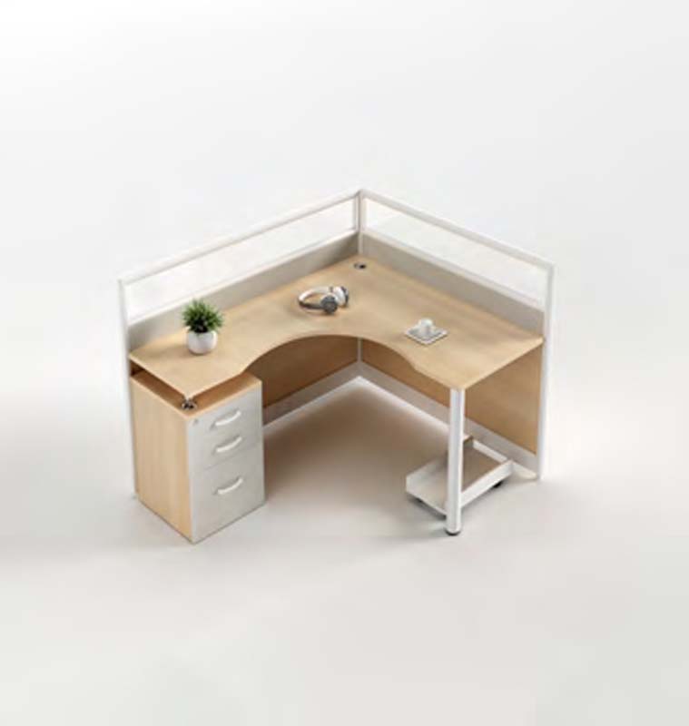 L-Shaped Cubicle Workstation with Attached 3-Drawer Pedestal and Divider Screen