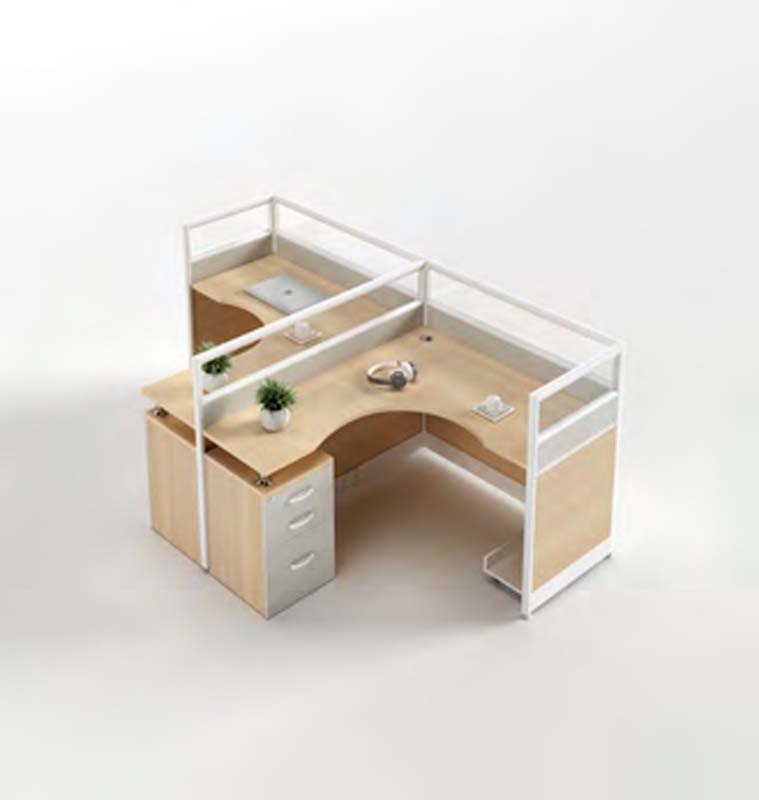2-Person L-Shaped Light Oak Office Cubicle Workstation with Mobile Drawer Pedestals