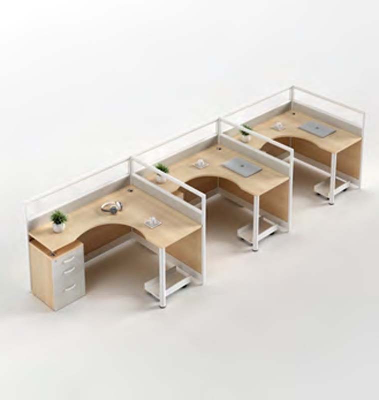 3-Station Inline L-Shape Office Workstation Cluster with Partitions and Pedestals