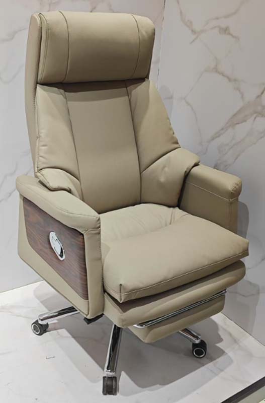 Light Taupe Upholstered Reclining Executive Office Chair with Woodgrain Arm Panels and Retractable Footrest