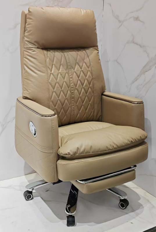 Beige Diamond-Quilted Faux Leather Reclining Executive Office Chair with Retractable Footrest
